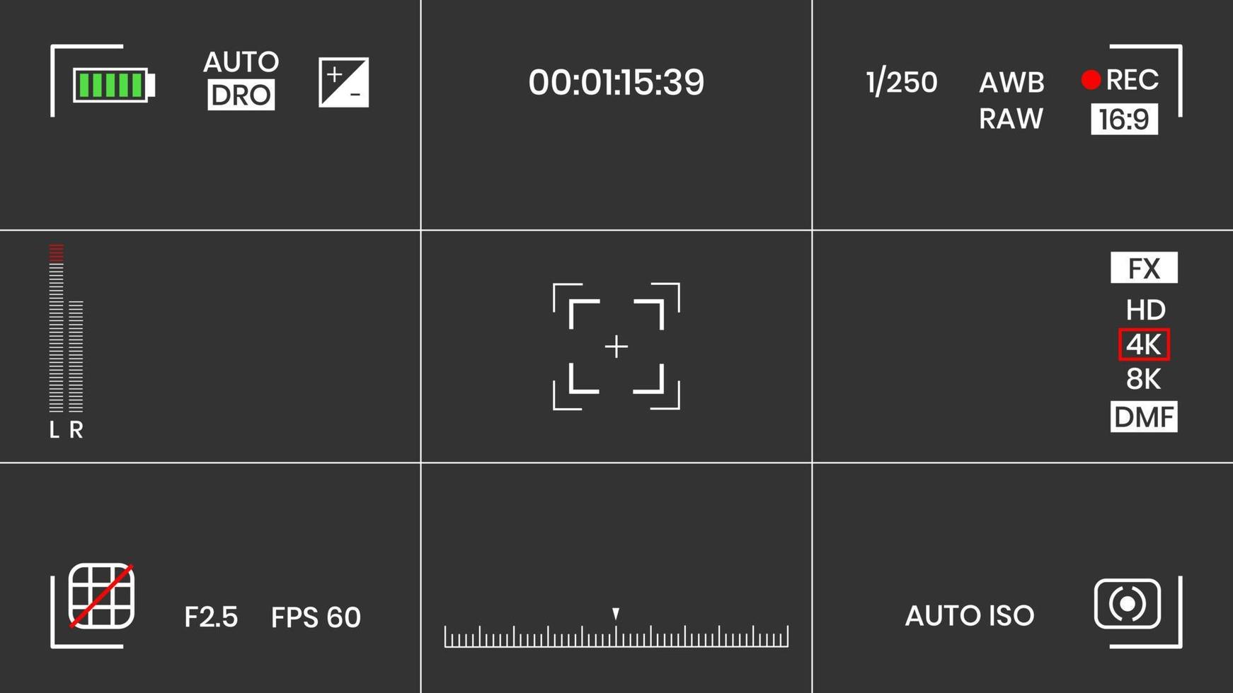 Camera viewfinder video or photo frame recorder flat style design vector illustration. Digital camera viewfinder with exposure settings and focusing grid template.