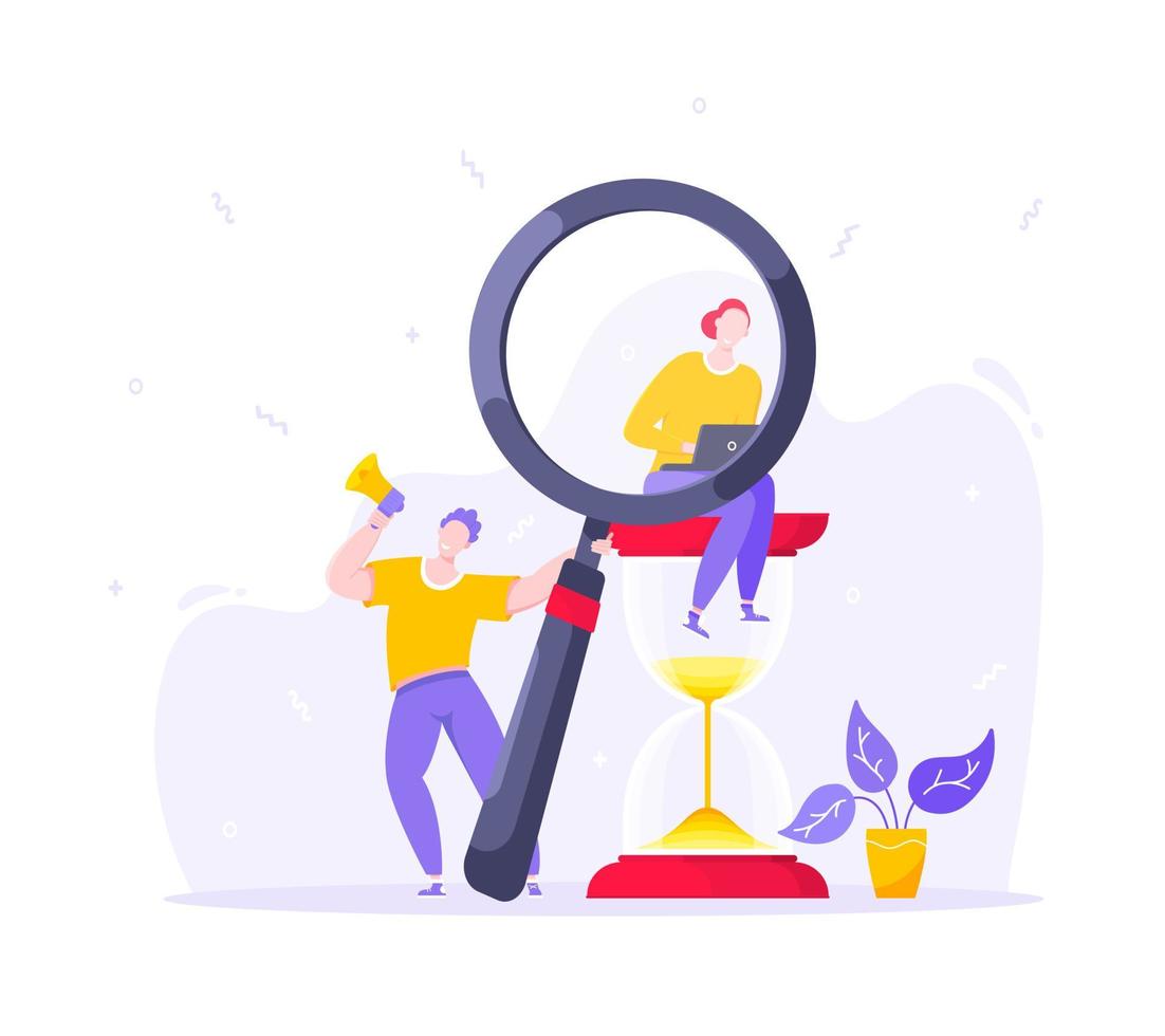 Time managemet business concept metaphor. Tiny persons with megaphone and magnifying glass. vector