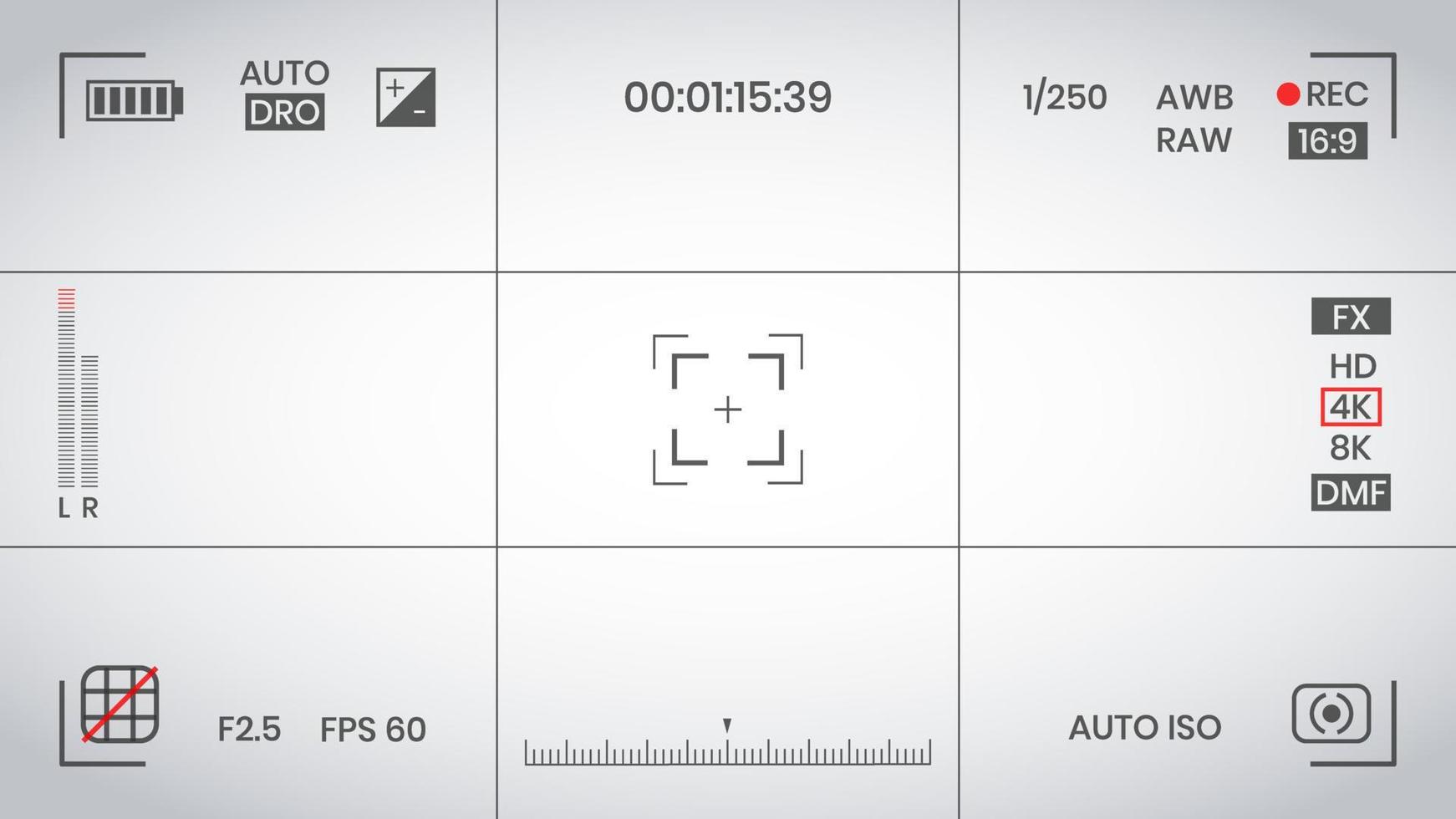 Camera viewfinder video or photo frame recorder flat style design vector illustration. Digital camera viewfinder with exposure settings and focusing grid template.