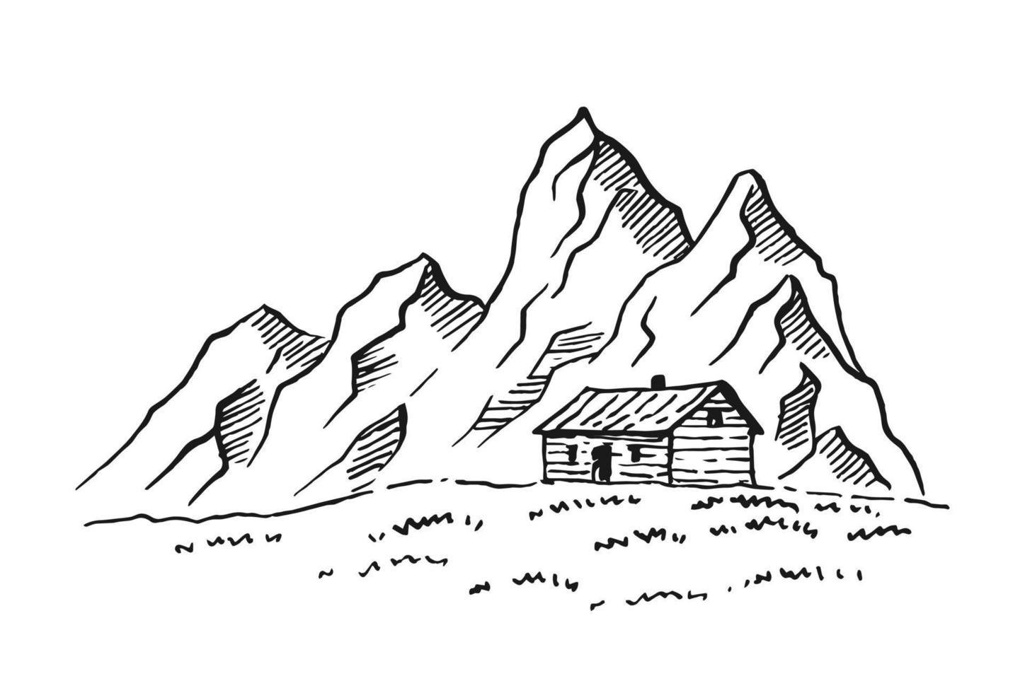 Mountain with pine trees and country house landscape black on white background. Hand drawn rocky peaks in sketch style. Vector illustration.