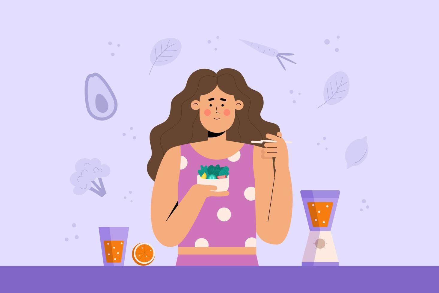 mujer joven come ensalada. concepto de alimentación saludable vector