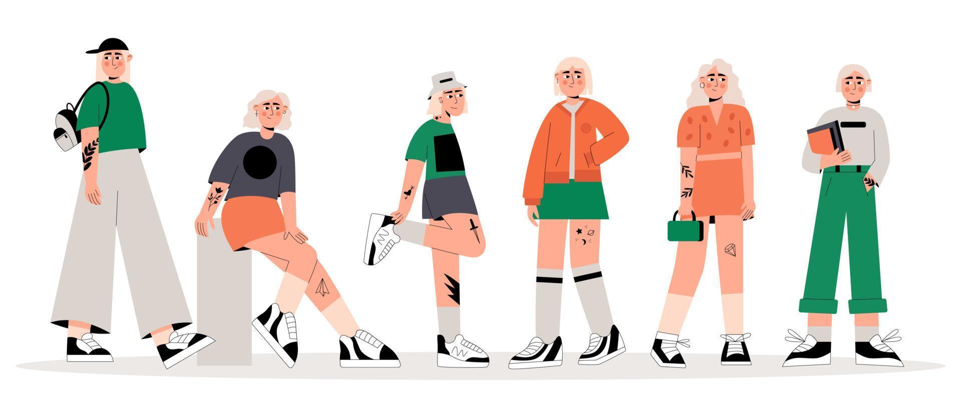 Set of girls in trendy clothes with tattoo vector