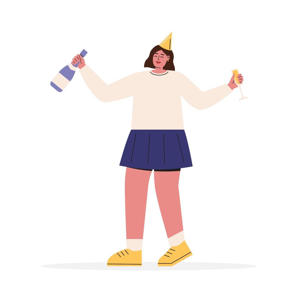 mujer feliz celebrando un cumpleaños con champán vector