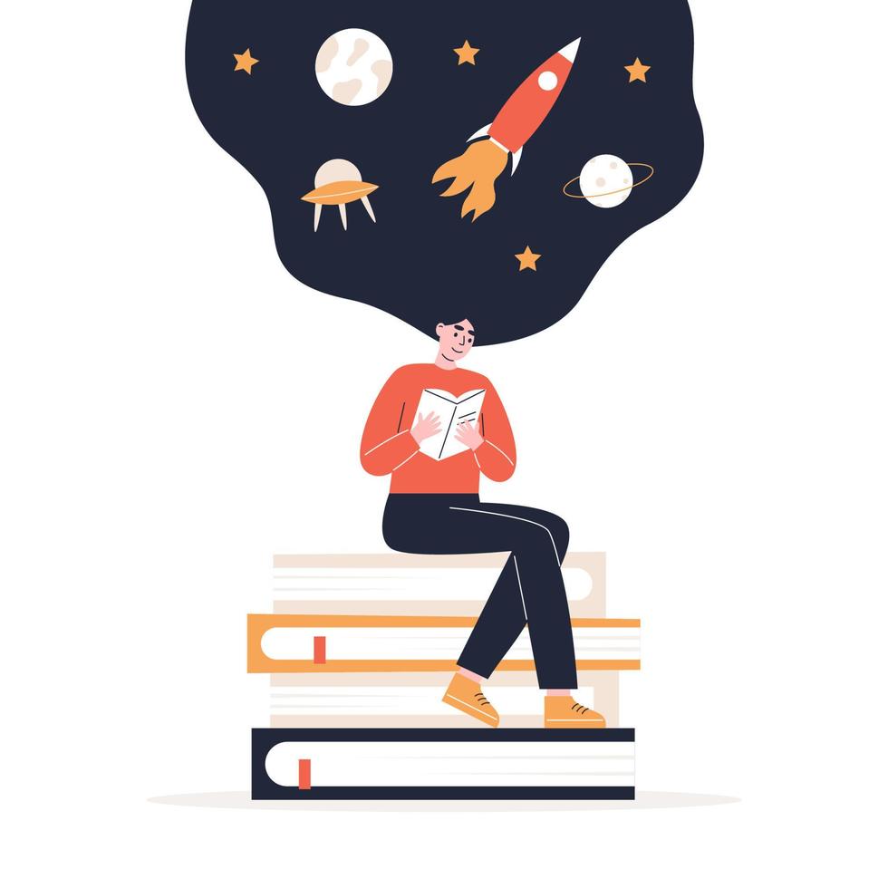 chica leyendo libro con universo noche estrellada en el cabello vector