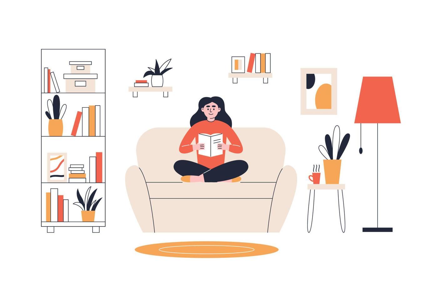 Young woman reading book on the sofa vector