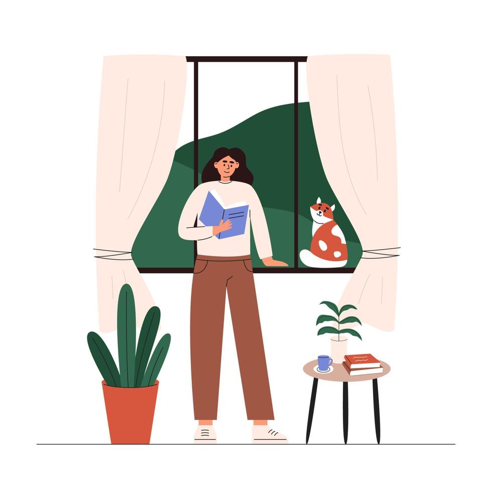 Young woman stands and reads book vector