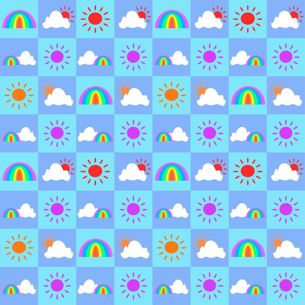 lindo patrón de mosaico sin costuras, diseño vectorial. fondo de tono azul con sol, nube y arco iris en cajas... para uso como papel, tela, impresión textil industrial. vector