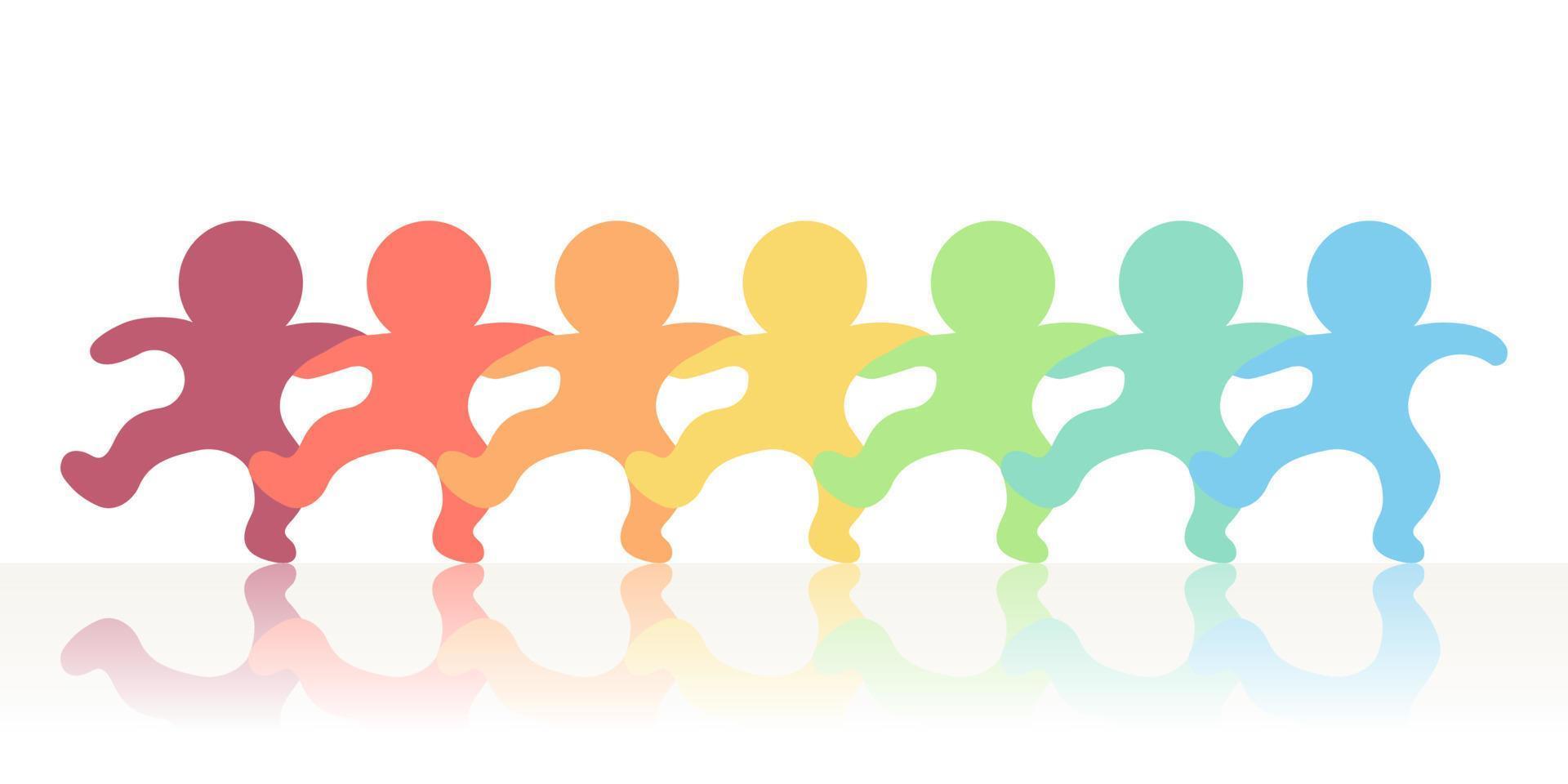 Diverse color people arms around each other's shoulders. vector