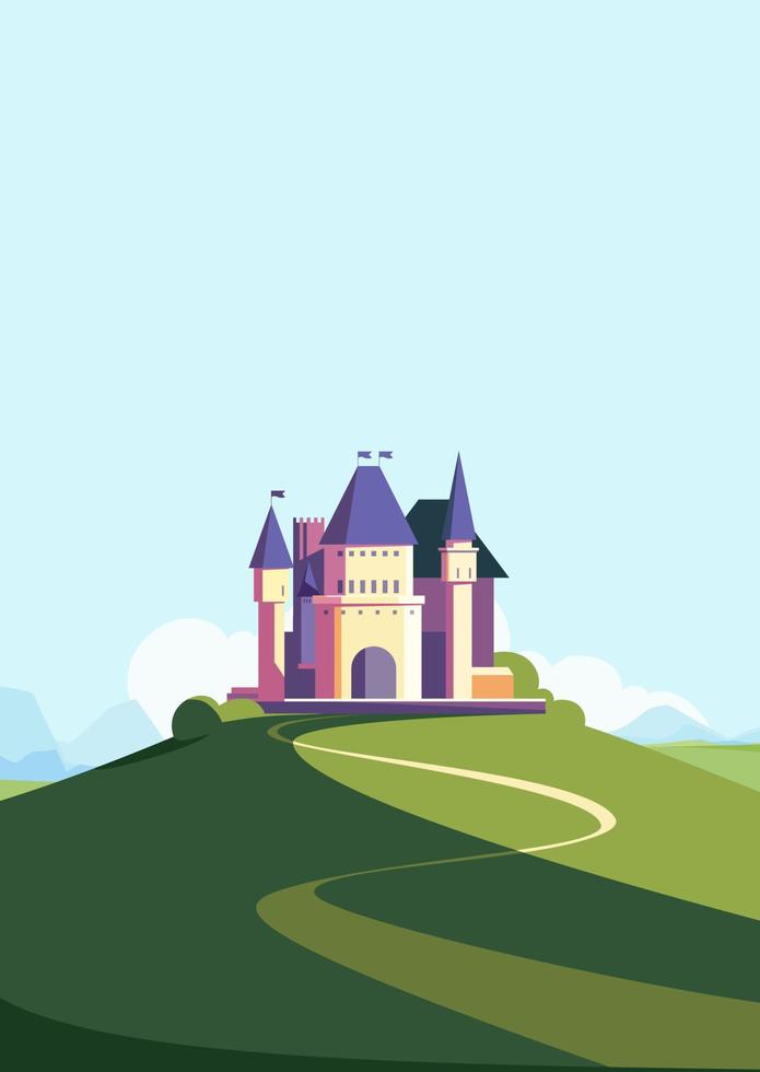 Castle on the hill in summer season. Landscape with medieval building in portrait format. vector