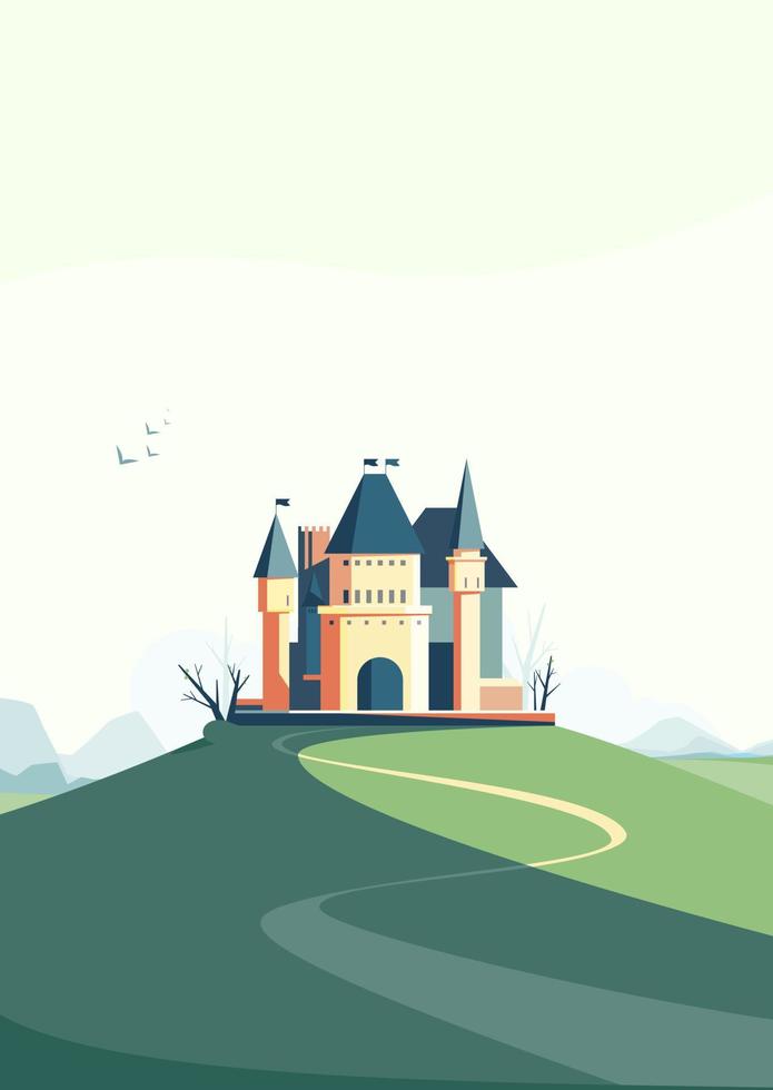 Castle on the hill in spring season. Landscape with medieval building in portrait format. vector