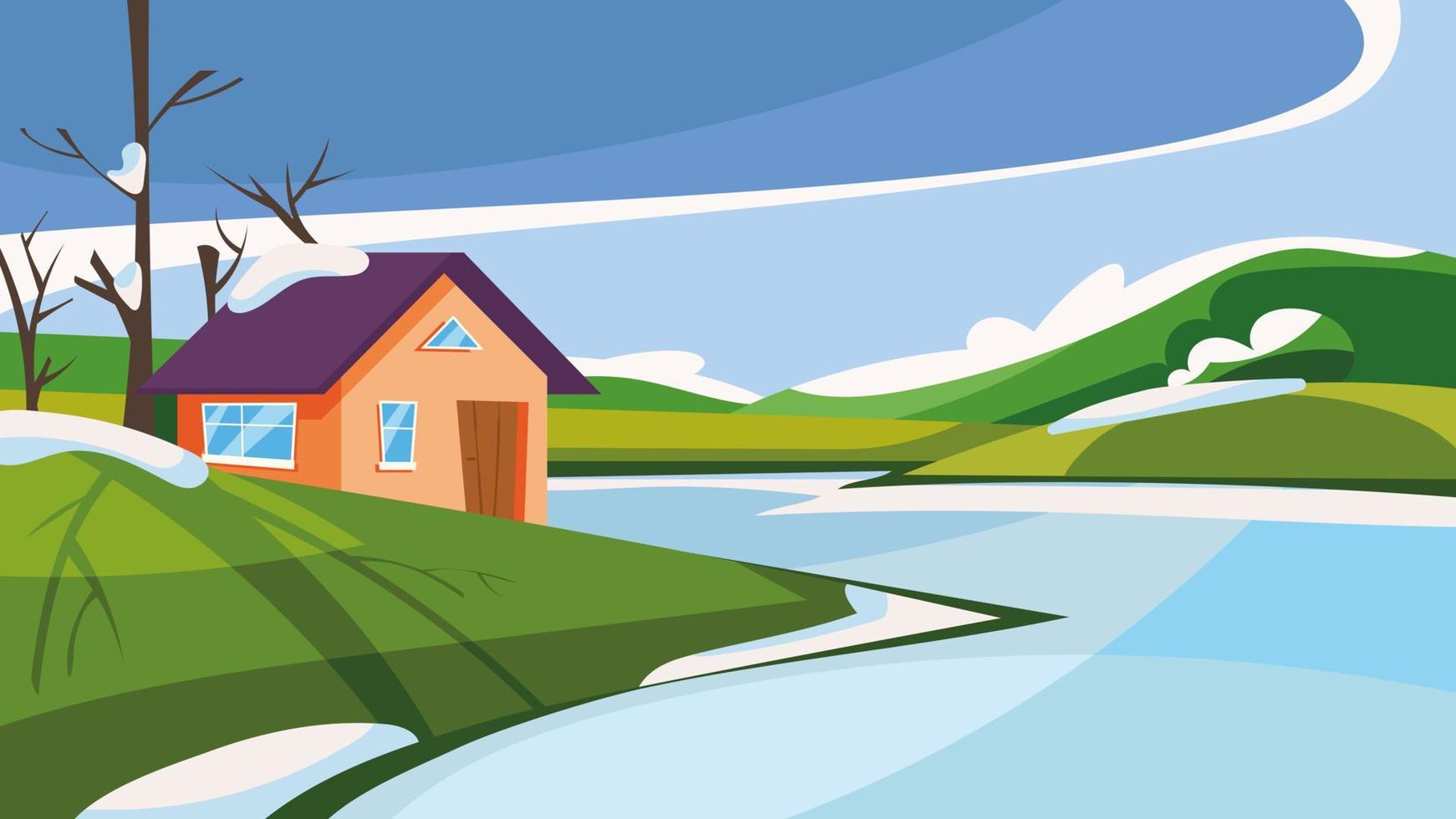 casa en el lago en temporada de primavera. vector