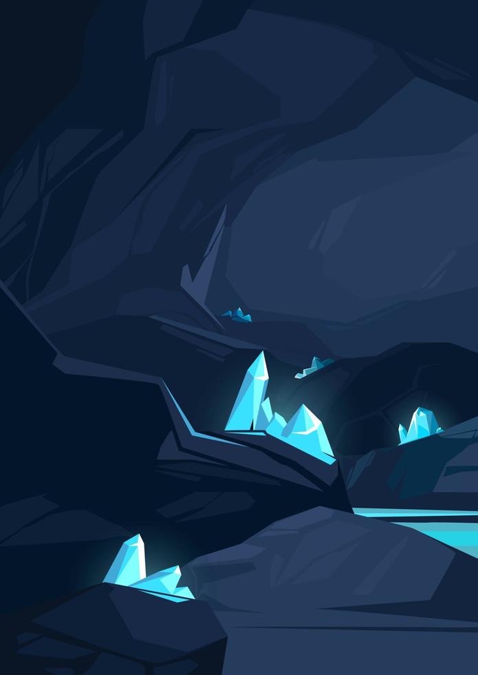 Cave with blue crystals. Underground location in portrait format. vector