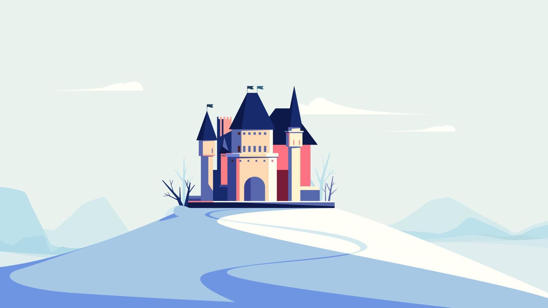 Castle on the hill in winter season. vector