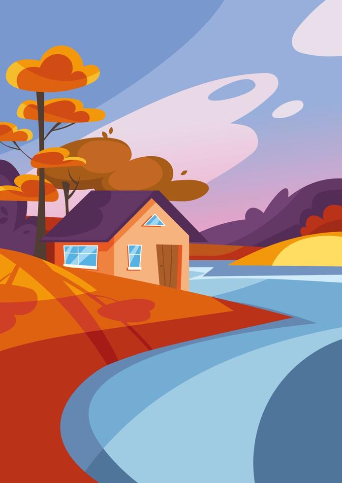 House on the lake in autumn season. Nature landscape in portrait format. vector