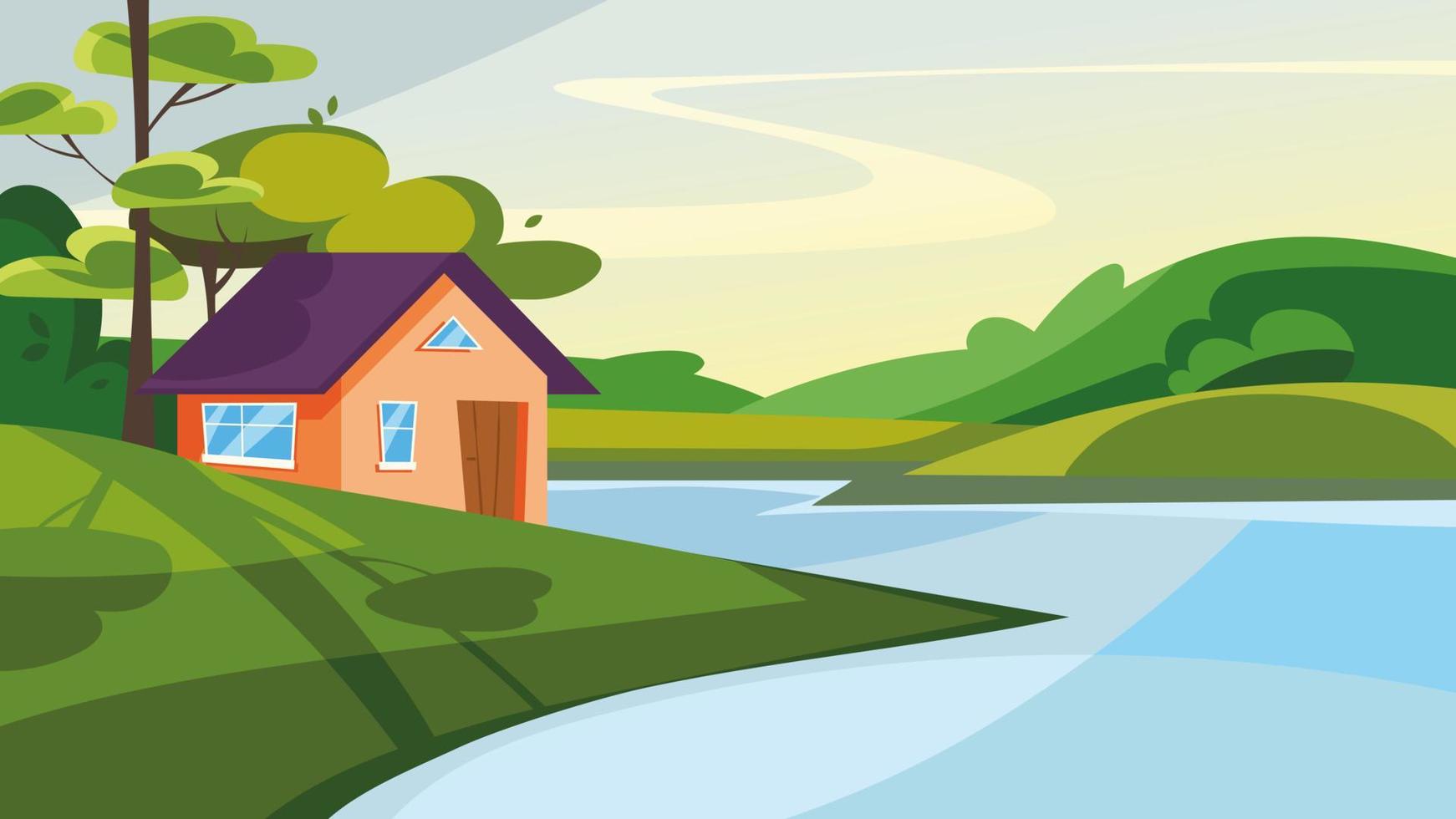 House on the lake in summer season. vector