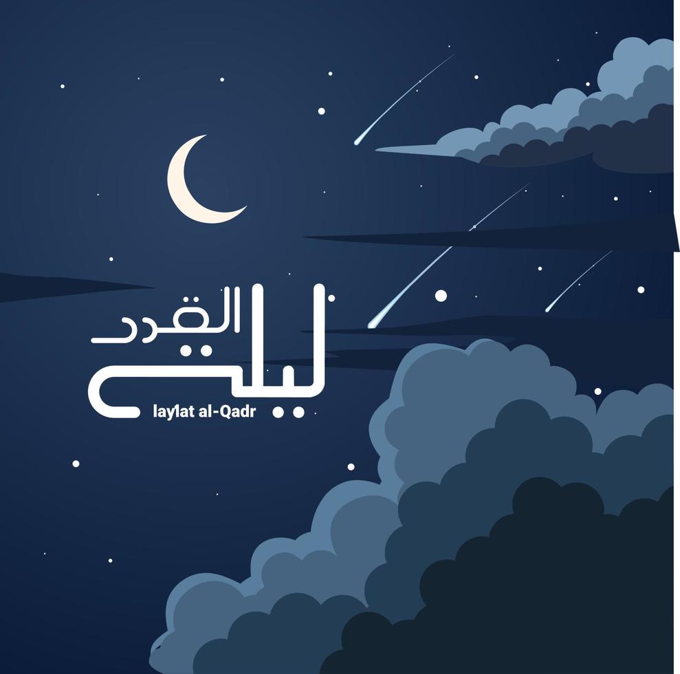 Banner of Laylat al-Qadr, night atmosphere with crescent moon, clouds, stars and comets, Translation of the Arabic text of Laylat al-Qadr, Night of decree or power. vector illustration.