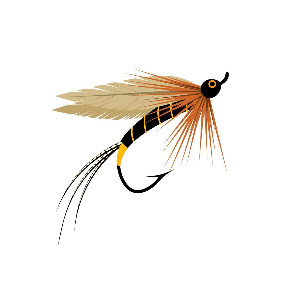 Flying fishing lure, resembling a mayfly, isolated on a white background, vector illustration.