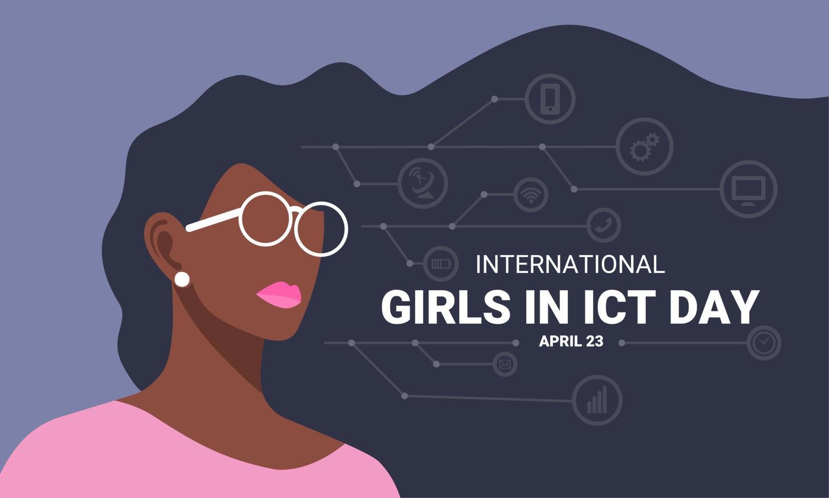 Vector illustration of girl wearing glasses with loose hair, with shadow of digital circuit and information technology icon, as banner or poster, International Girls on ICT Day.