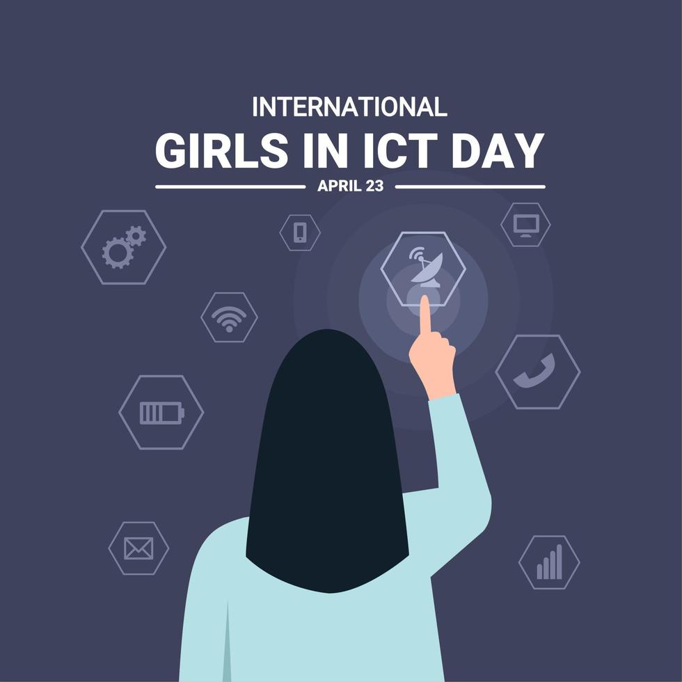 Vector illustration of girl touching information technology icon, as
