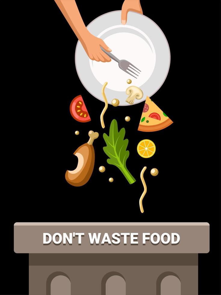 por favor, no desperdicie alimentos, diseños para el día mundial de la alimentación y el día internacional de concientización sobre la pérdida y el desperdicio de alimentos. vector