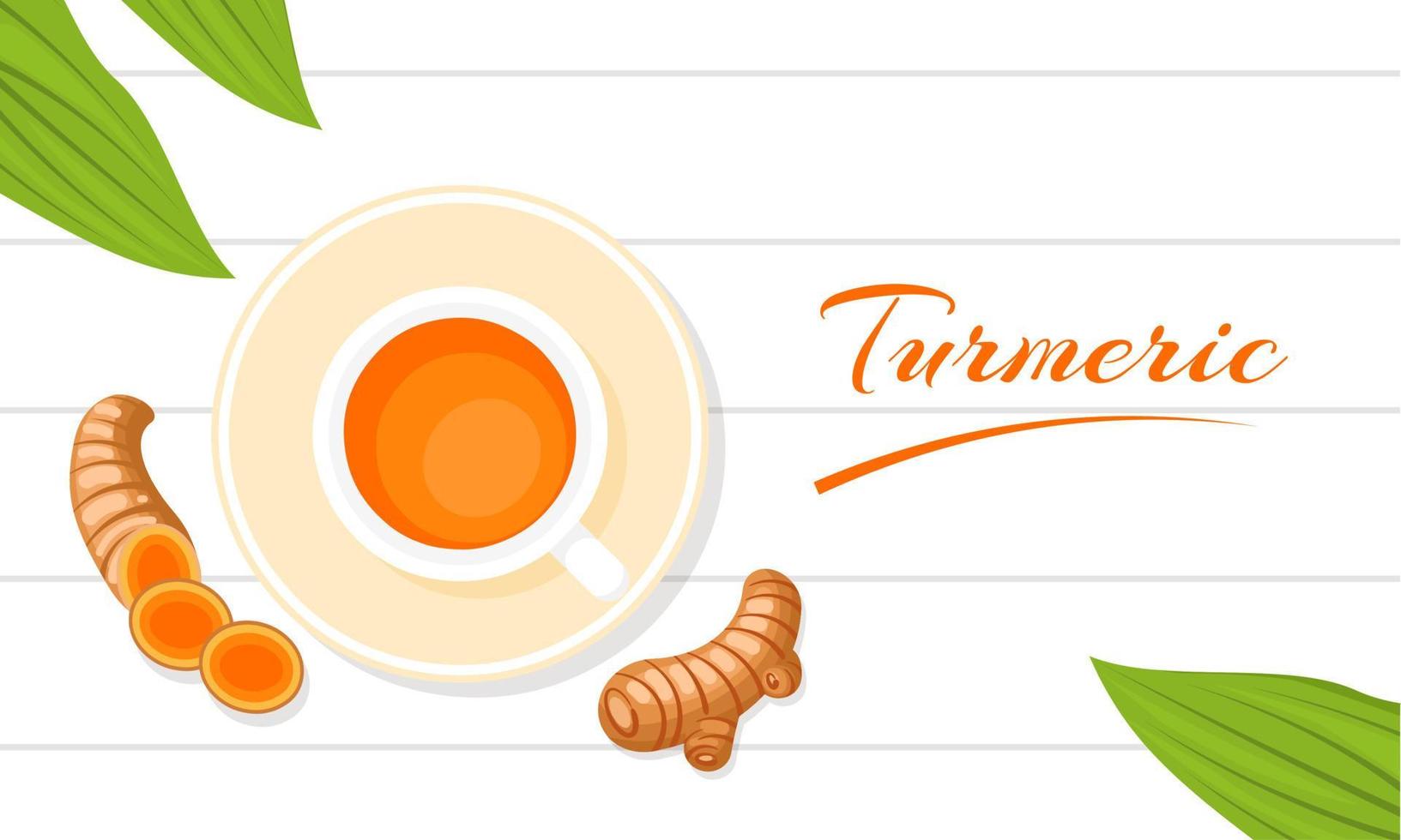 Turmeric tea or Curcuma longa Linn in cup and curcumin rhizome with leaves on white table. vector illustration.