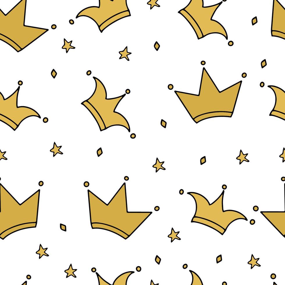 Dibujado a mano corona de oro y estrellas de patrones sin fisuras. Fondo de vector de tema de princesa, lujo y glamour. plantilla fácil de editar para tela, textil, papel de regalo, etc.