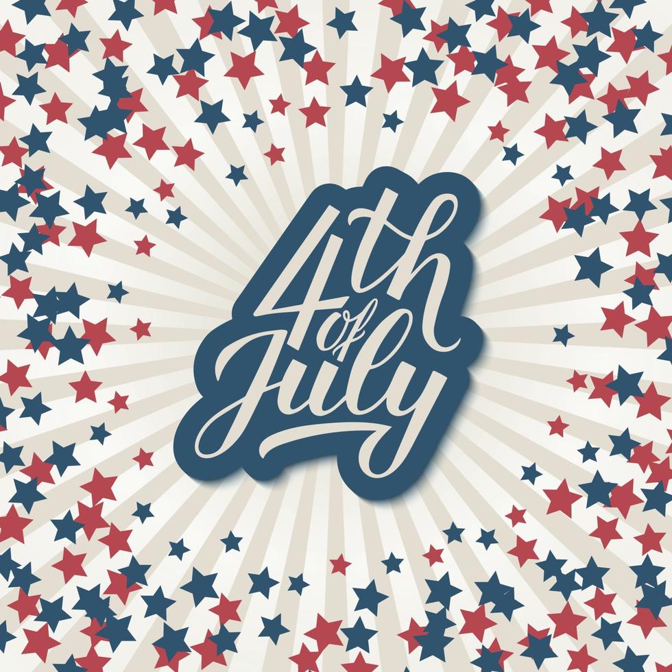 4th of July calligraphy lettering. American retro patriotic background in colors of flag of USA. Easy to edit vector template for Independence Day poster, banner, greeting card, postcard, flyer.