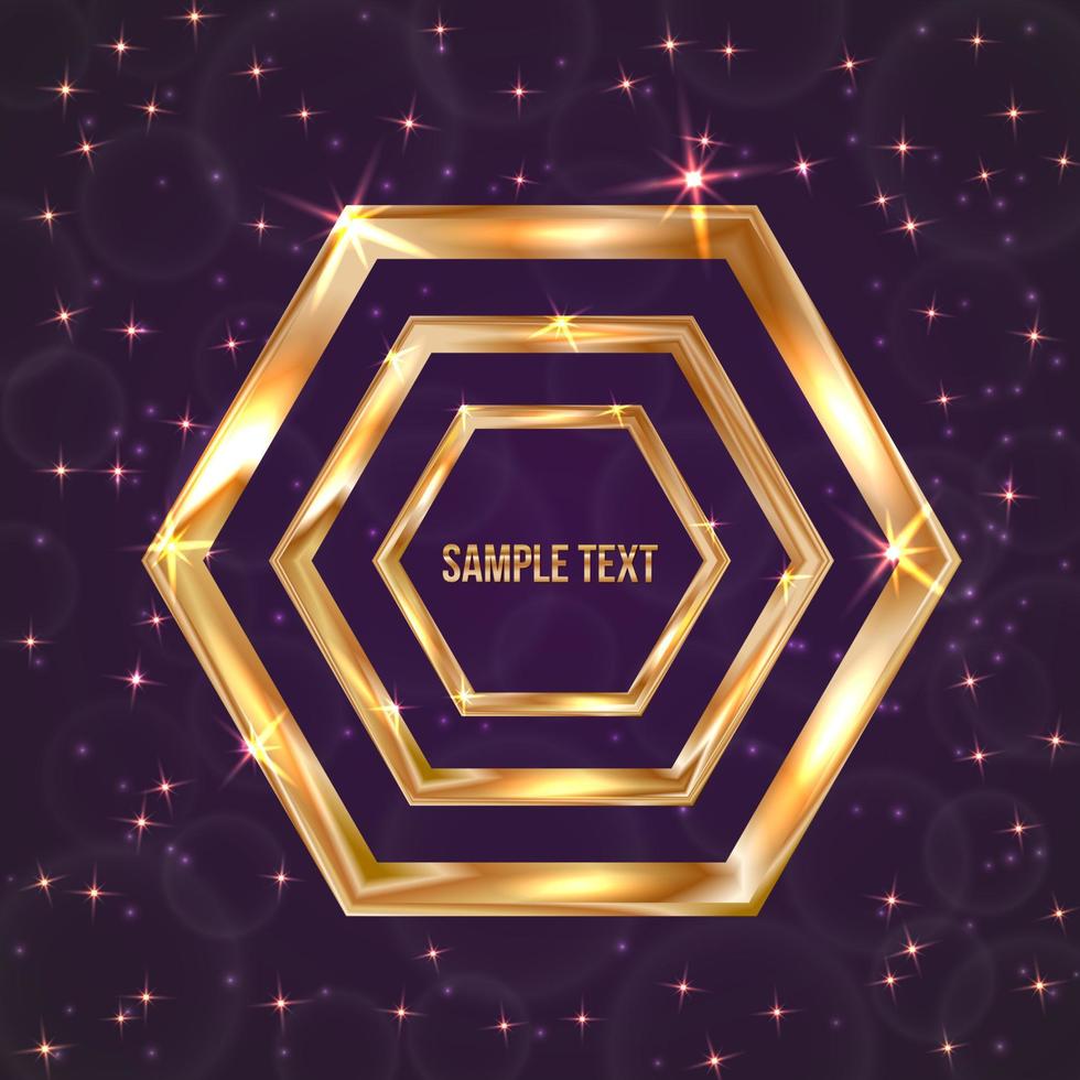 Bright golden hexagon on a dark purple background with sparkling stars and particles. Luxury vector illustration. Easy to edit design template for your business projects.