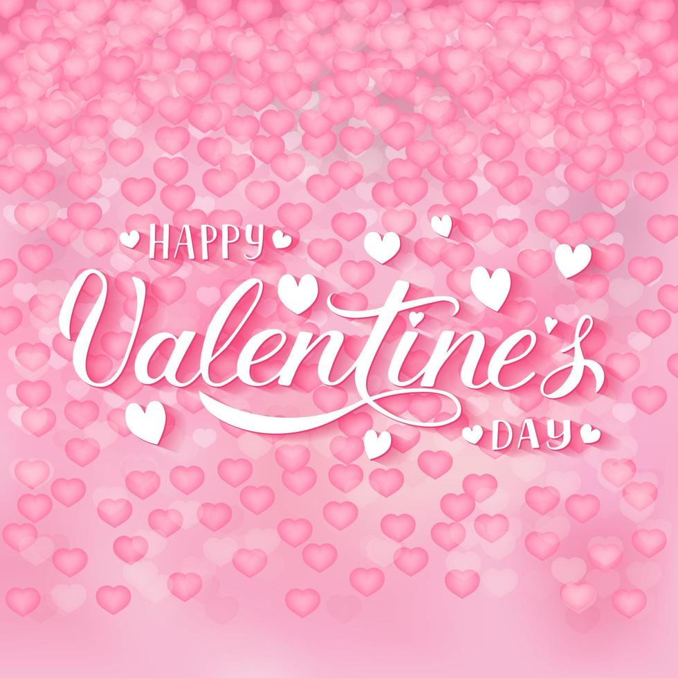 feliz día de san valentín caligrafía letras a mano sobre fondo rosa suave con confeti de corazones 3d. plantilla vectorial fácil de editar para la tarjeta de felicitación del día de san valentín vector