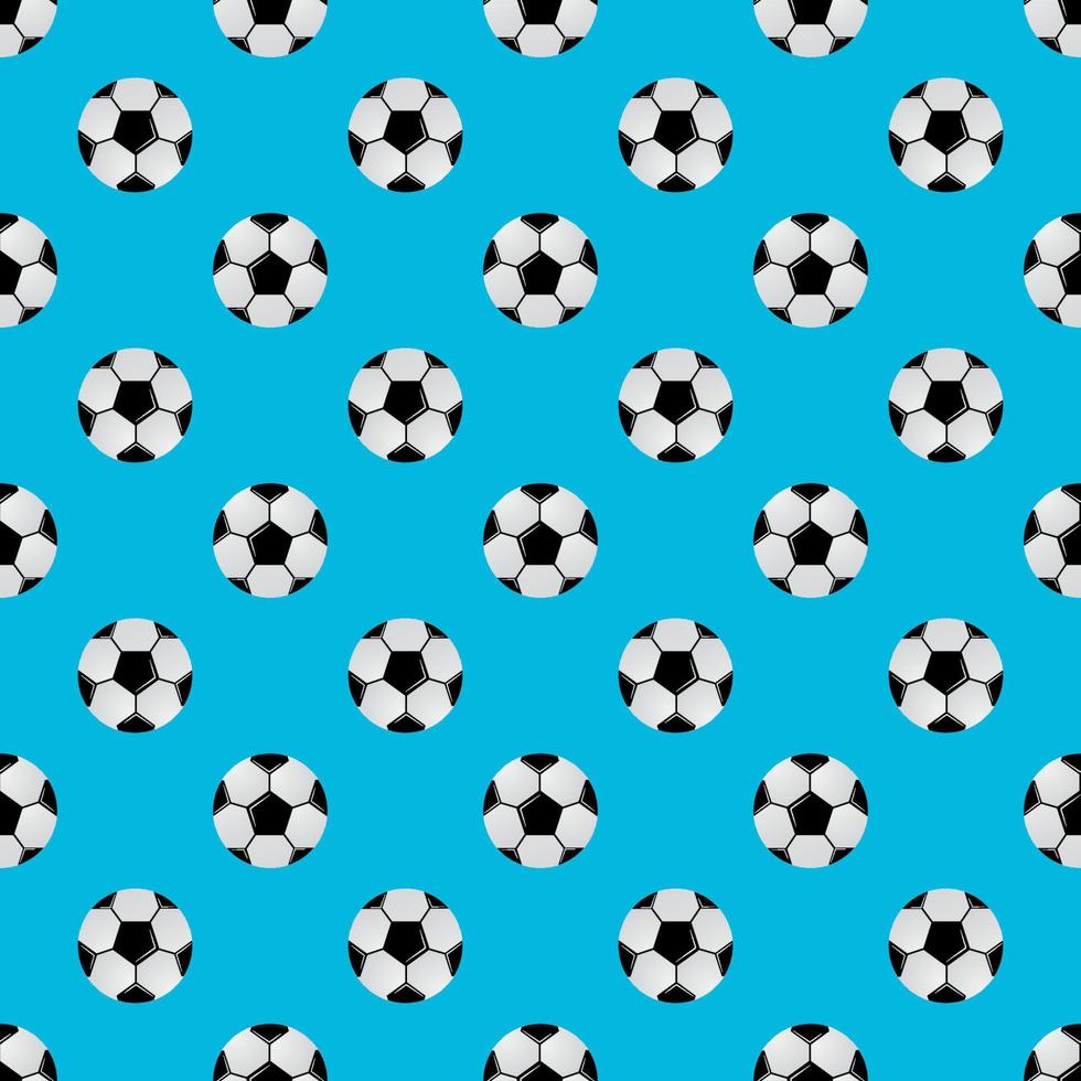 Football seamless pattern. Black and white soccer balls on light blue background. Cartoon sport vector illustration.