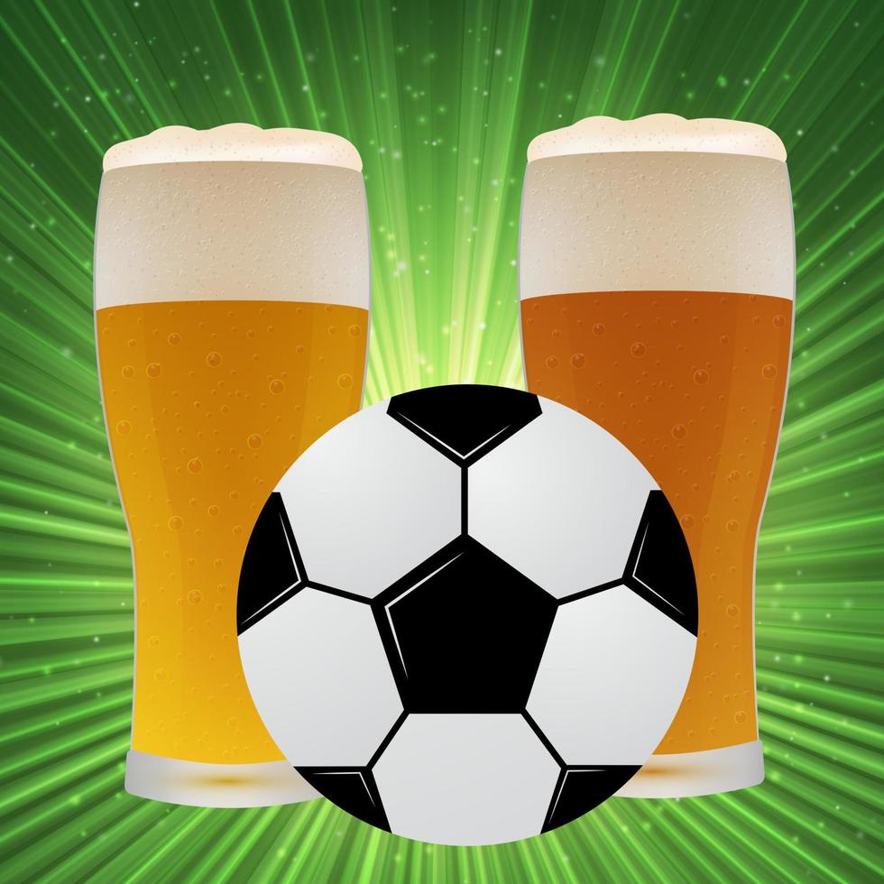 Soccer ball and glasses of beer on a bright green background with rays of light. Football concept. Sport bar banner. vector