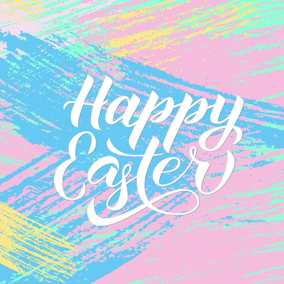 Happy Easter calligraphy hand lettering on colorful brush stroke background. Easy to edit template for party invitation, typography poster, greeting card, banner. Spring holidays vector illustration.