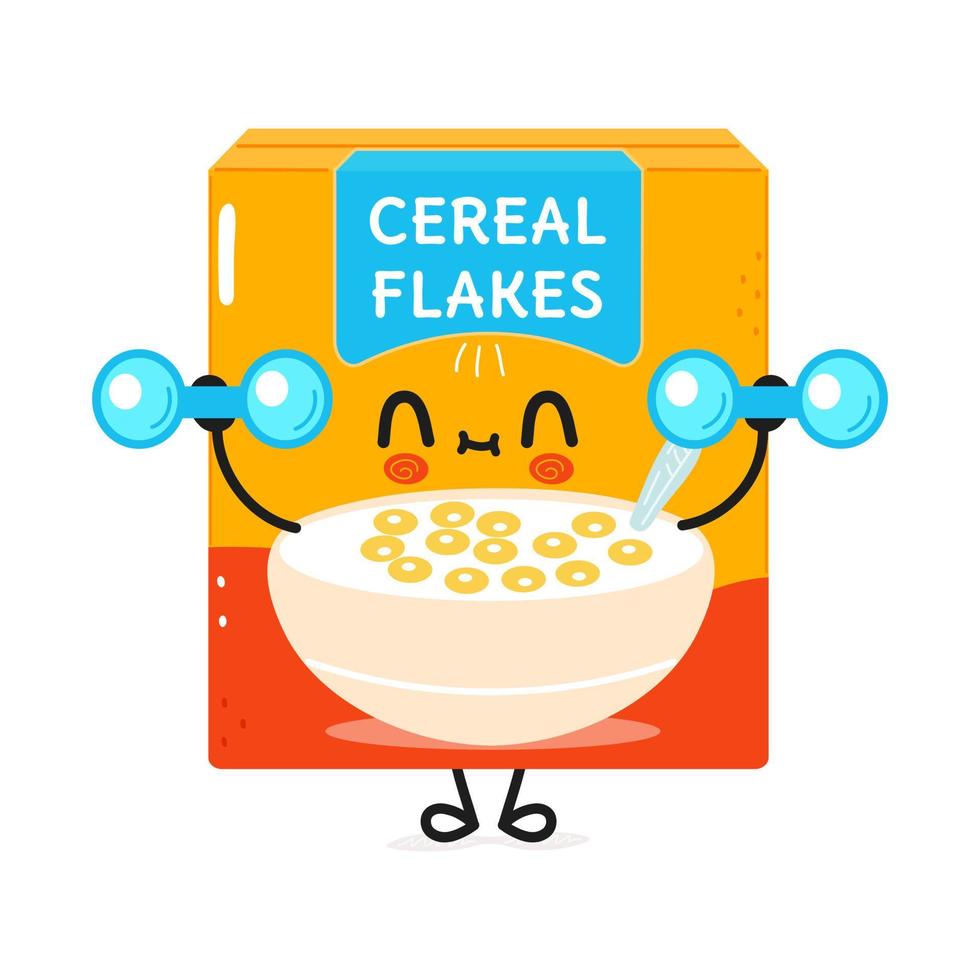 lindo personaje divertido de copos de cereal con pesas. icono de ilustración de personaje kawaii de dibujos animados dibujados a mano vectorial. aislado sobre fondo blanco. concepto de gimnasio de carácter de copos de cereal vector