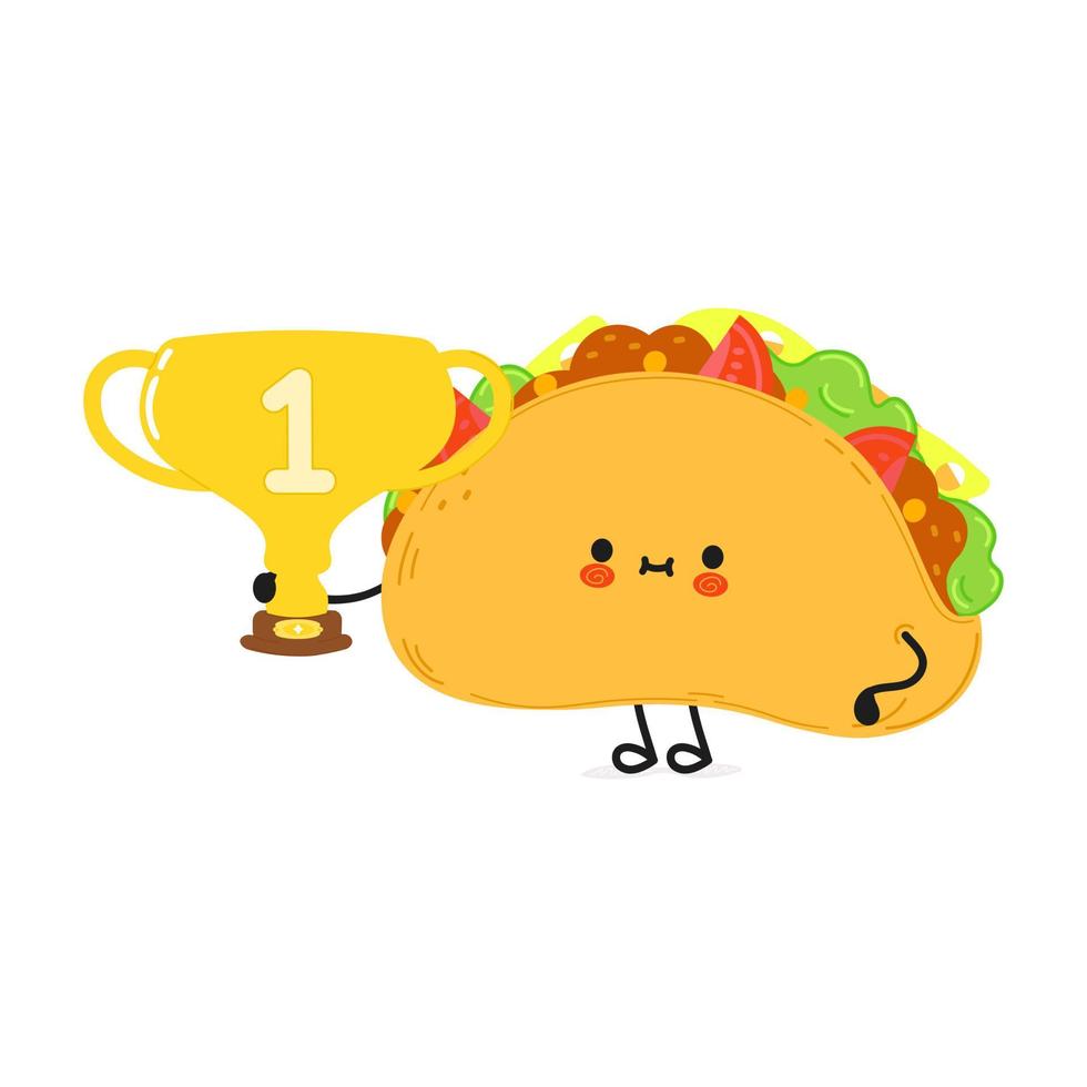 Cute funny taco hold gold trophy cup. Vector hand drawn cartoon kawaii character illustration icon. Isolated on white background. Taco with winner trophy cup