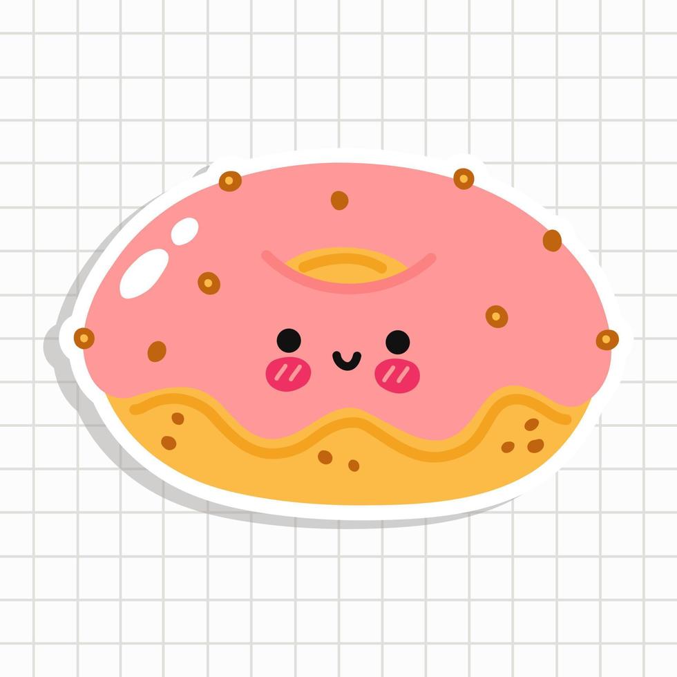 divertidos y lindos personajes de donas felices. ilustración de estilo de dibujos animados de línea kawaii vectorial. linda pegatina de donut en un cuaderno vector