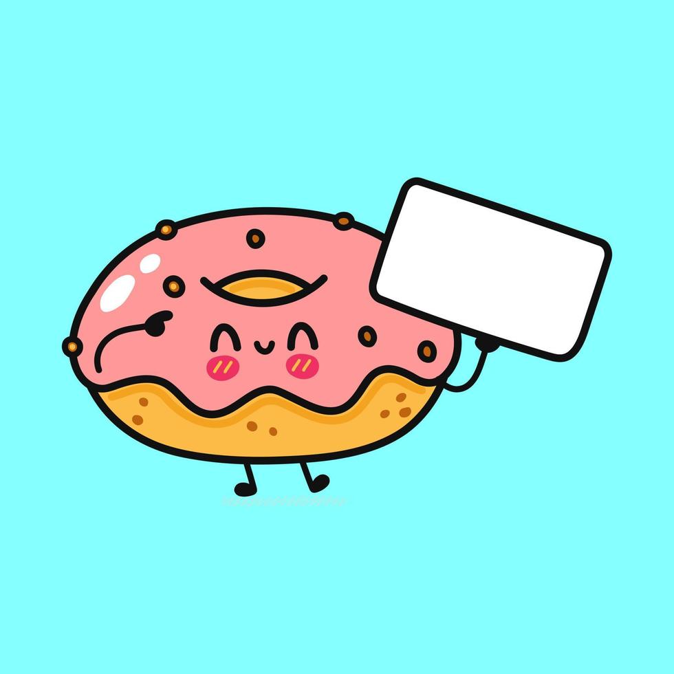 Cute funny Donut with poster. Vector hand drawn cartoon kawaii character illustration icon. Isolated on white background. Donut think concept