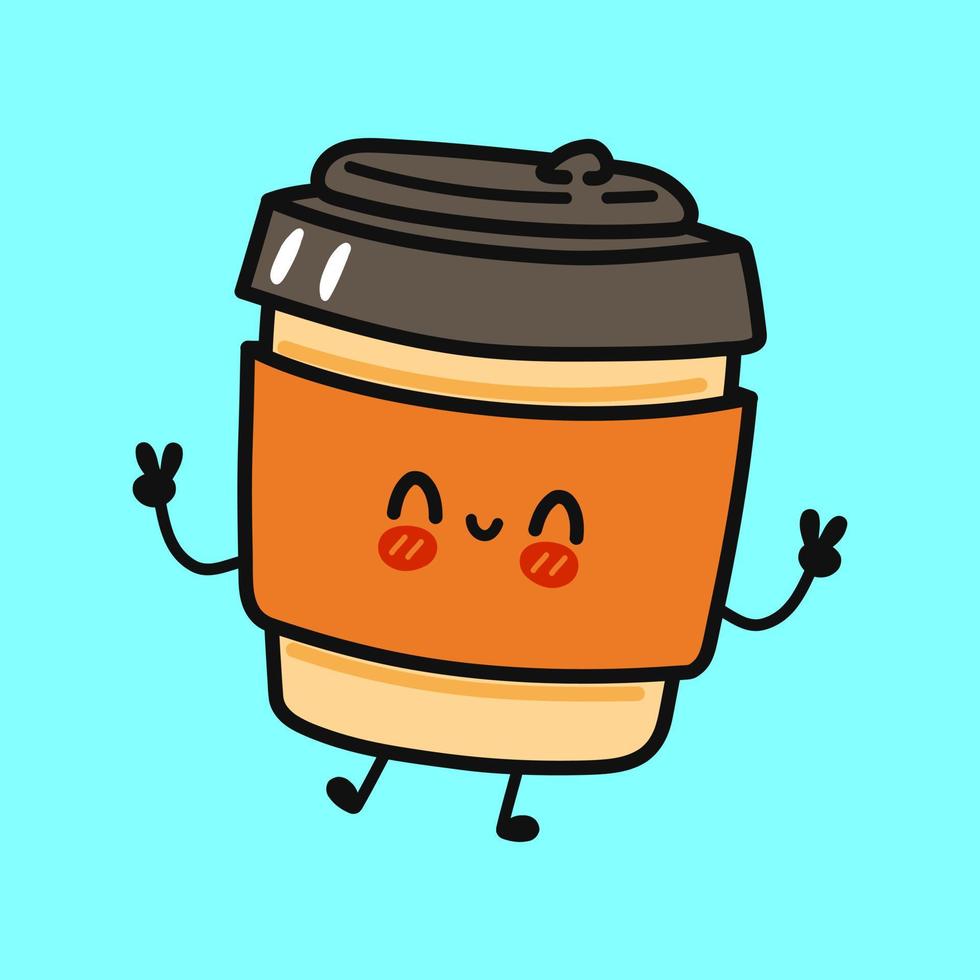 Cute funny coffee character. Vector hand drawn cartoon kawaii character illustration icon. Isolated on blue background. Coffee character concept