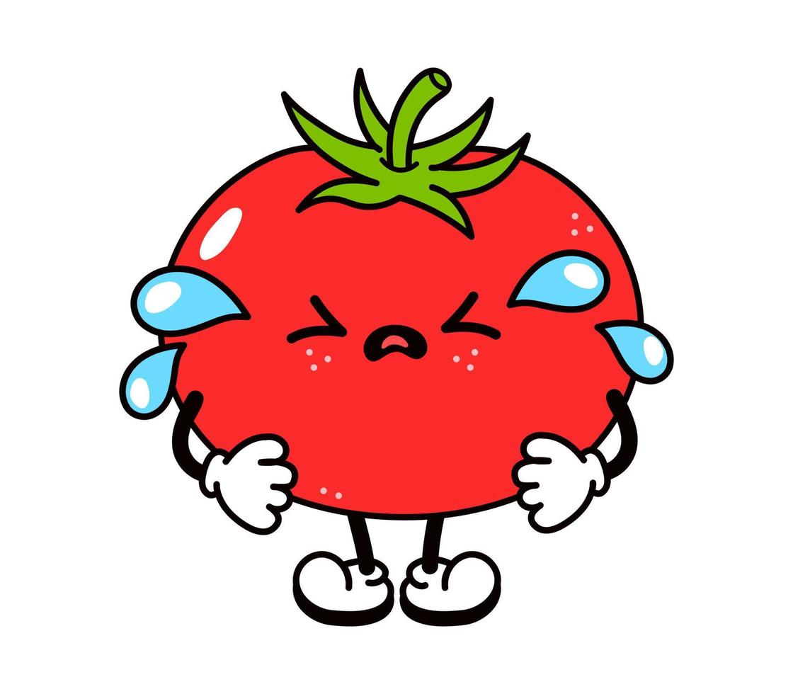 lindo gracioso llorando triste personaje de tomate. vector dibujado a mano dibujos animados tradicionales vintage, retro, icono de ilustración de carácter kawaii. aislado sobre fondo blanco. concepto de personaje de tomate llorando