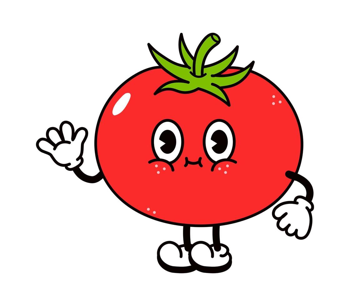 lindo y divertido tomate que agita el personaje de la mano. vector dibujado a mano dibujos animados tradicionales vintage, retro, icono de ilustración de carácter kawaii. aislado sobre fondo blanco. concepto de personaje de tomate