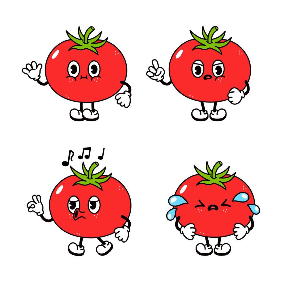 divertido conjunto de lindos personajes de tomate. vector dibujado a mano estilo de fideos dibujos animados tradicionales vintage, diseño de icono de ilustración de carácter retro. fondo blanco aislado. personaje de mascota de tomate feliz