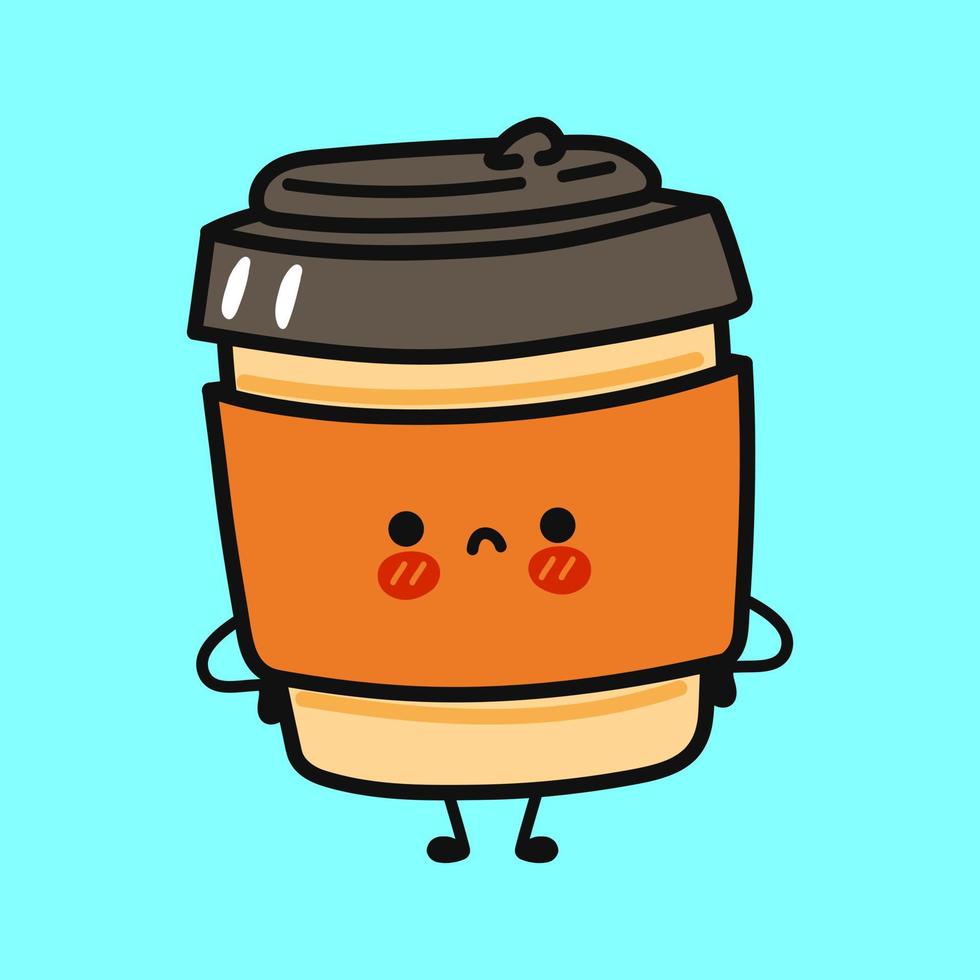 Cute sad coffee character. Vector hand drawn cartoon kawaii character illustration icon. Isolated on blue background