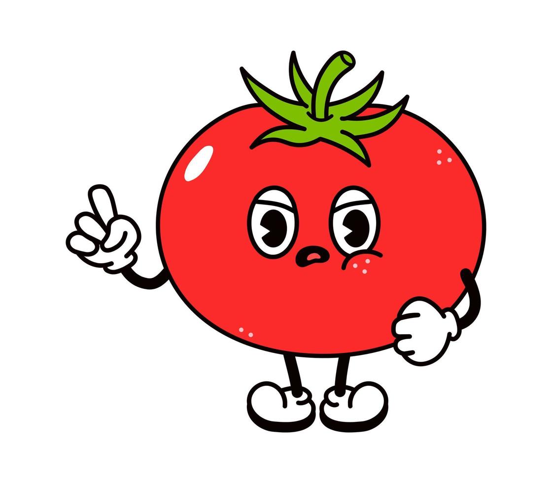 lindo personaje de tomate triste enojado. vector dibujado a mano dibujos animados tradicionales vintage, retro, icono de ilustración de carácter kawaii. aislado sobre fondo blanco. concepto de personaje de tomate enojado