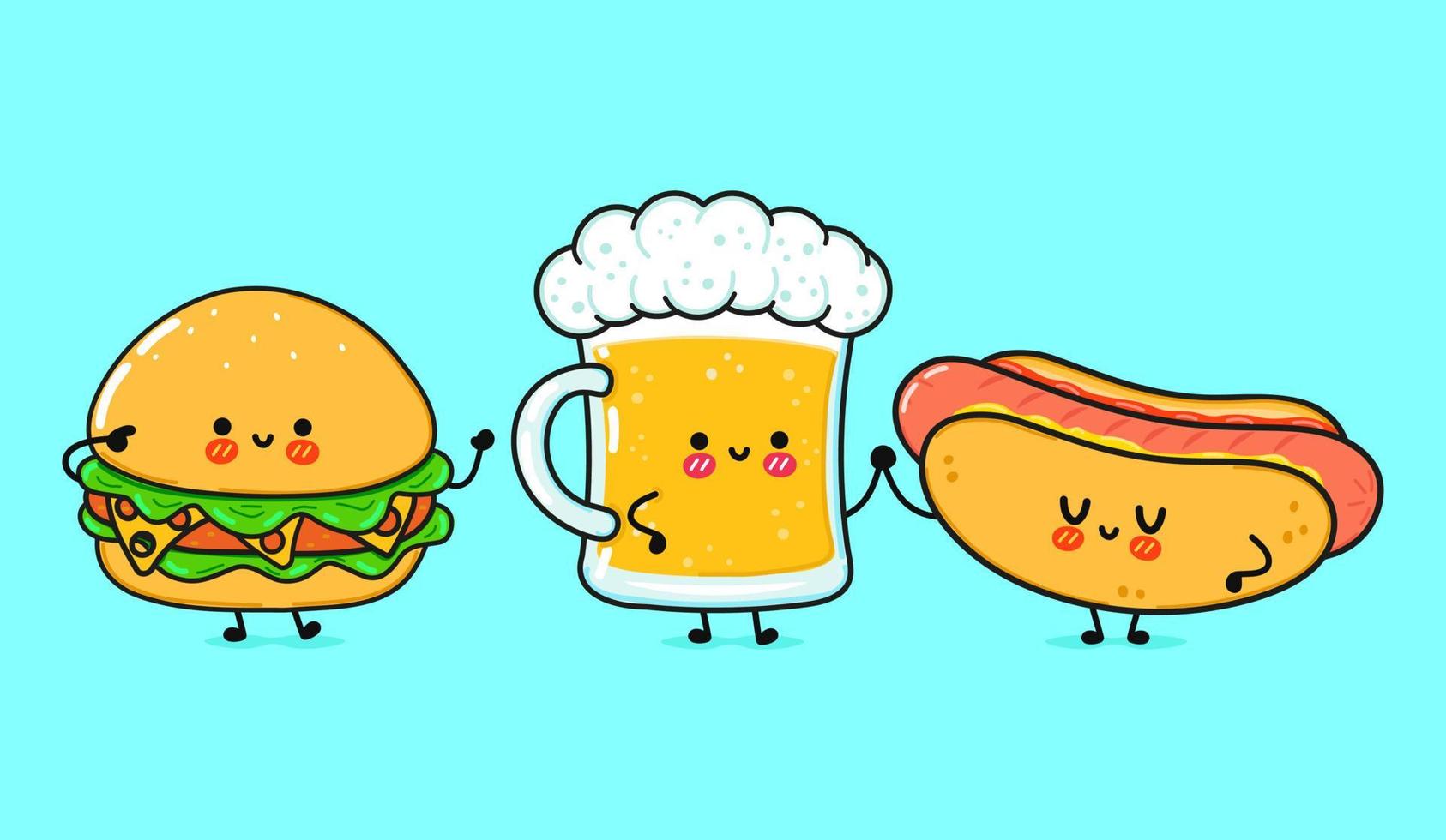 Cute, funny happy glass of beer, hot dog and hamburger . Vector hand drawn cartoon kawaii characters, illustration icon. Funny cartoon glass of beer hot dog and hamburger mascot friends concept