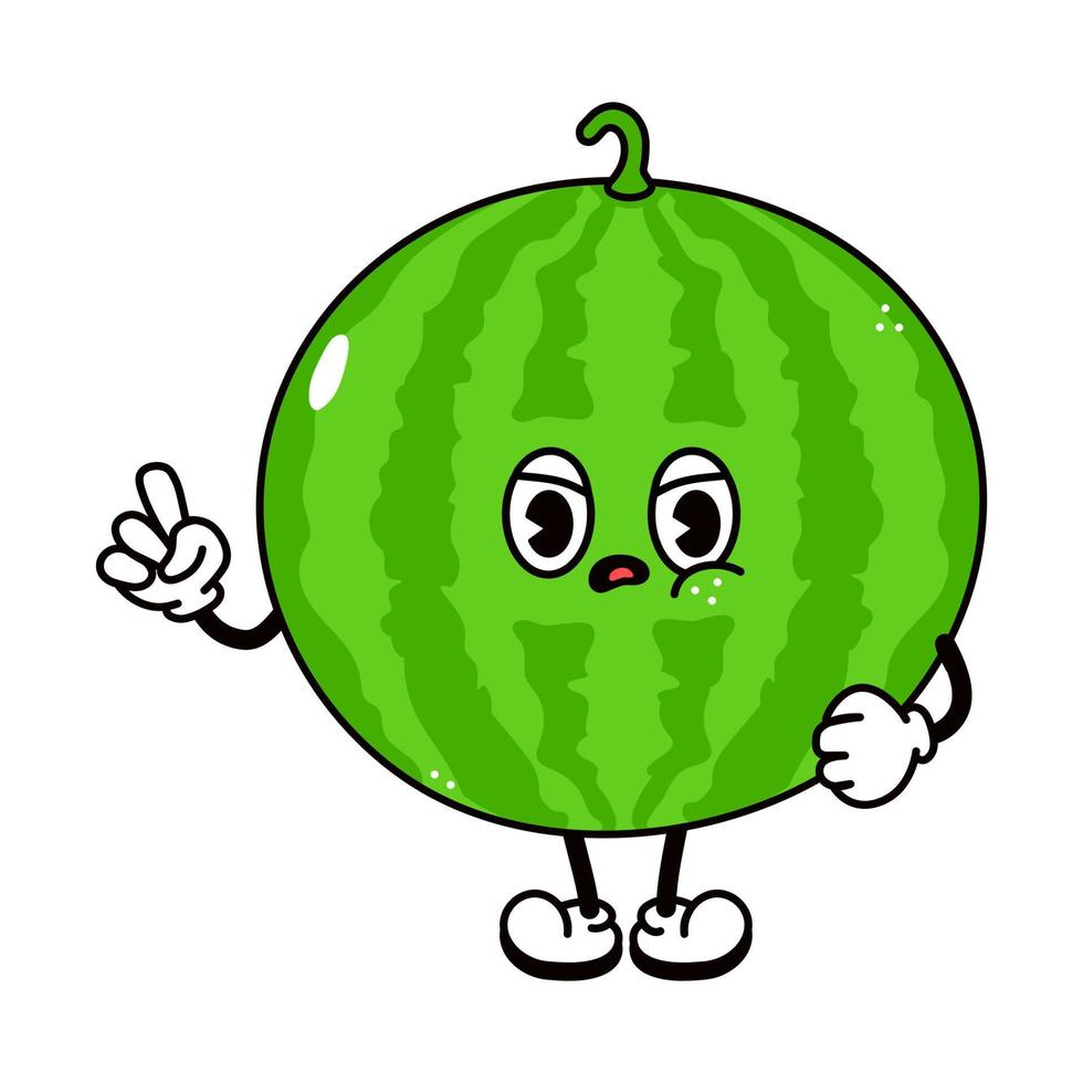 Cute angry sad watermelon character. Vector hand drawn traditional cartoon vintage, retro, kawaii character illustration icon. Isolated on white background. Angry watermelon character concept
