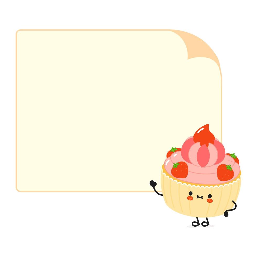Cute funny cake character with speech bubble. Vector hand drawn cartoon kawaii character illustration icon. Isolated on white background. Cupcake character concept