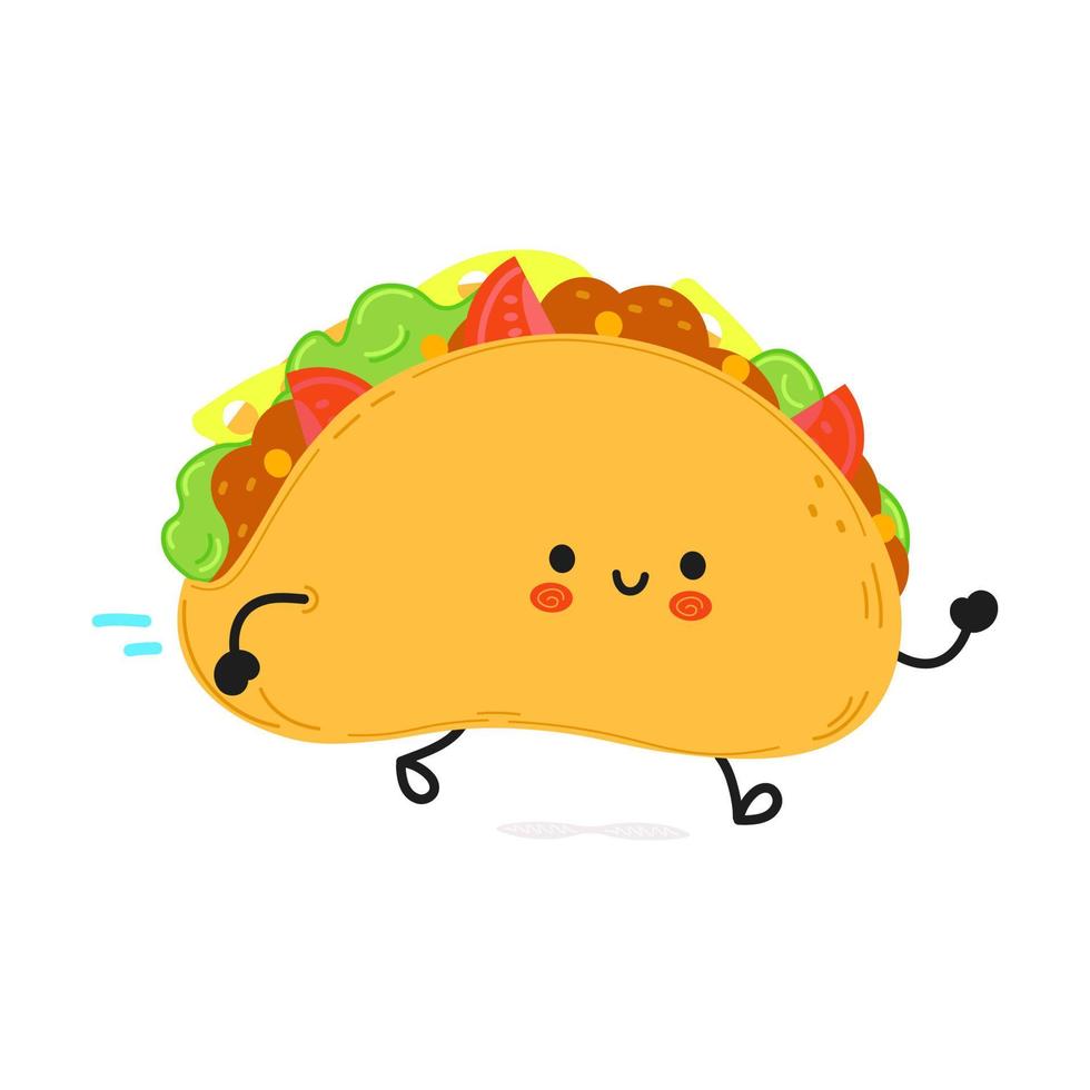 Cute funny running taco. Vector hand drawn cartoon kawaii character illustration icon. Isolated on white background. Run taco concept