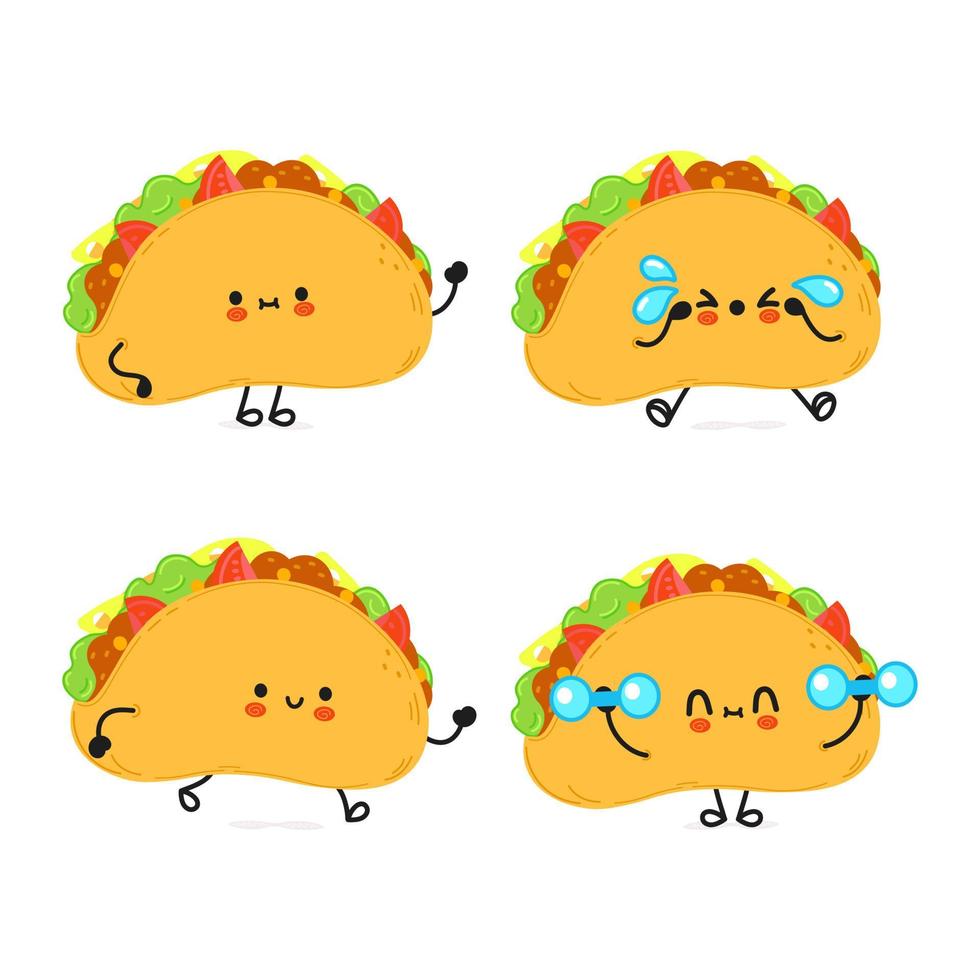 Funny cute happy taco characters bundle set. Vector hand drawn doodle style cartoon character illustration icon design. Cute taco mascot character collection