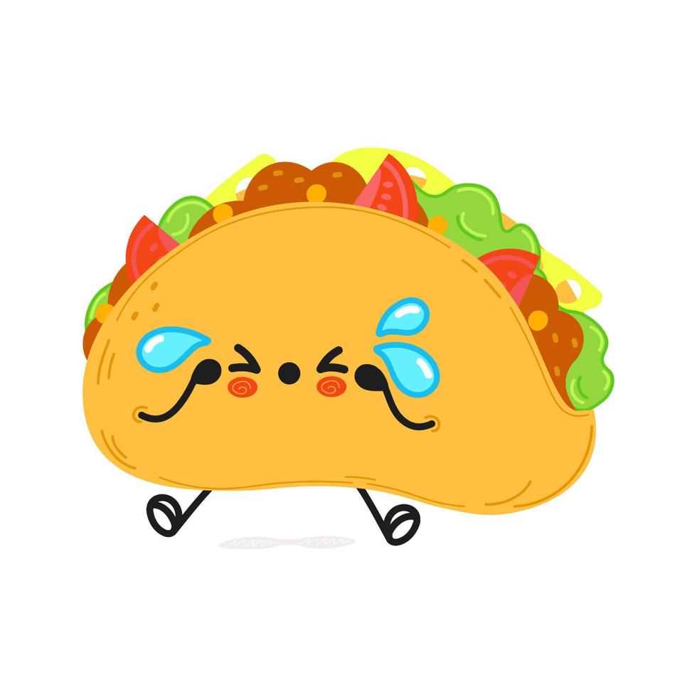 lindo personaje de taco triste. icono de ilustración de personaje kawaii de dibujos animados dibujados a mano vectorial. aislado sobre fondo blanco. concepto de personaje de taco triste vector