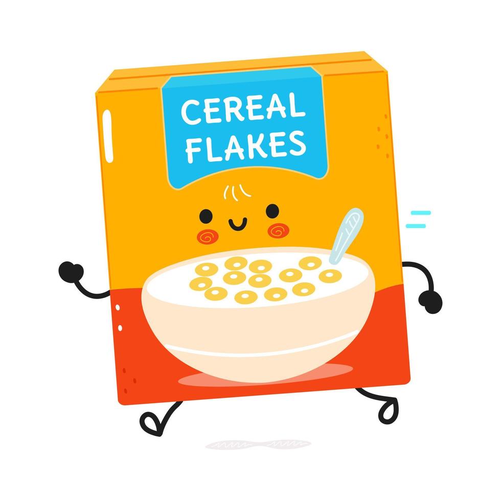 lindos y divertidos copos de cereal para correr. icono de ilustración de personaje kawaii de dibujos animados dibujados a mano vectorial. aislado sobre fondo blanco. ejecutar el concepto de copos de cereal vector