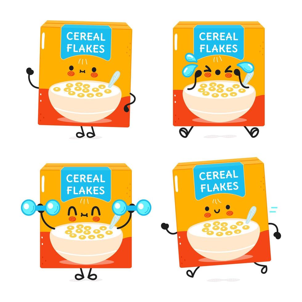 Funny cute happy cereal flakes characters bundle set. Vector hand drawn doodle style cartoon character illustration icon design. Cute cereal flakes mascot character collection